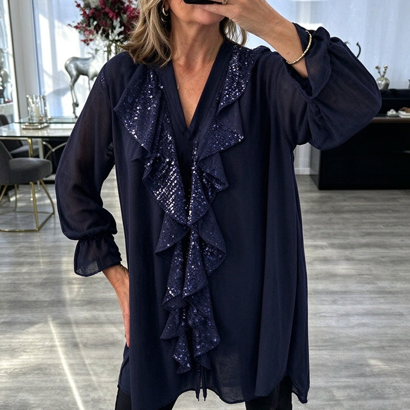 Damenes V-halset sequin-sammensatt chiffong-topp