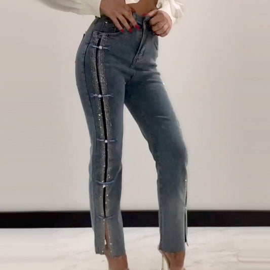 👖✨Jans för kvinnor med glänsande strass och elegant slits✨
