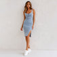 Justerbart axelbands U-ringad slitsad denim bodycon cami klänning