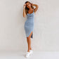 Justerbart axelbands U-ringad slitsad denim bodycon cami klänning