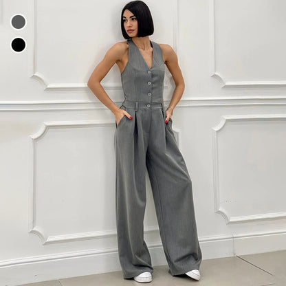 ✨2025 Nya produkter Begränsad försäljningstid🔥 Ärmlös Jumpsuit med Breda Ben och Knäppning för Kvinnor