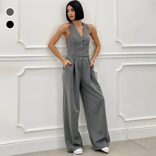 ✨2025 Nya produkter Begränsad försäljningstid🔥 Ärmlös Jumpsuit med Breda Ben och Knäppning för Kvinnor