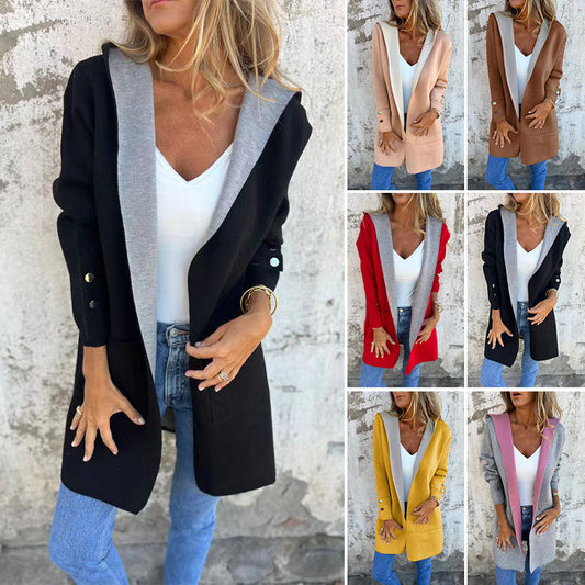🌸Höstens nya modell💐 Damrock med öppen framsida och huva i färgblock