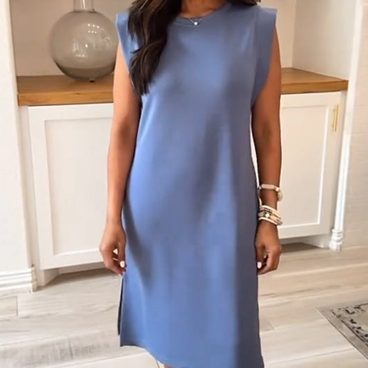 Rundhalsad Löst Delat Midi Klänning med Fickor för Kvinnor