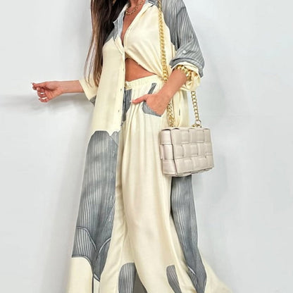 🩷🩷Sommarspecialerbjudande🌼Full Button Down lång skjorta och byxor med dragsko