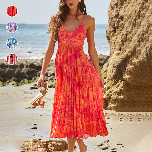 Dammode V-ringad ärmlös tryckta klänningar