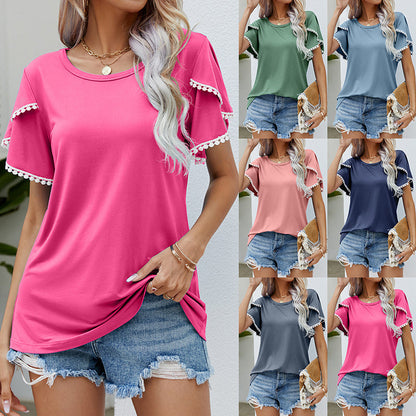 Casual T-shirt med rund hals och pom-pom-ärmar för kvinnor