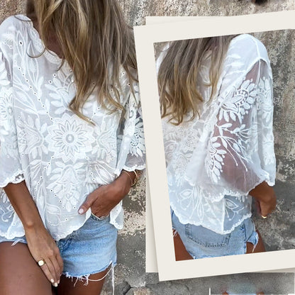 Boho Chic Blus i Genomskinlig Spets med Broderier för Kvinnor