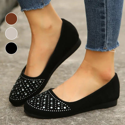 Bekväma slip-on-lägenheter för kvinnor med dekorationer av strass