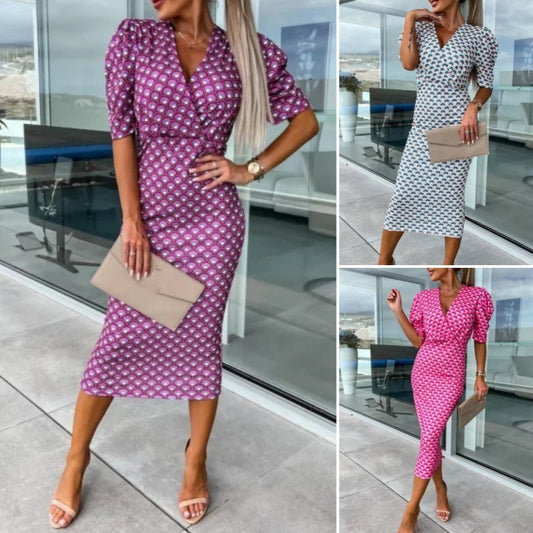 Dammode Tryckt Bubble Sleeve V-Neck Kortärmad midjeklänning med V-ringning