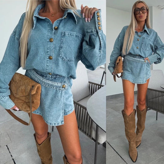 ✨Sommar Denim Set Oversized Skjorta & Kjol Shorts för kvinnor