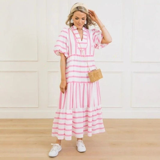 👗 Randig, lös och avslappnad sommarklänning med kort ärm för kvinnor