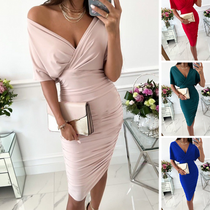 💖Sexig V-neckad bodyconklänning med rynkad hals för kvinnor