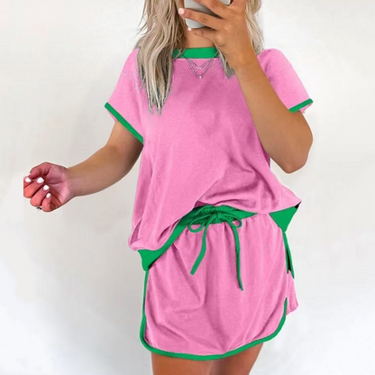 Dammode Färgkollision Kortärmad Topp & Shorts 2-delat Set