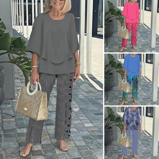 ✨Kvinnor casual rundhalsad halvärmad topp med tryck byxset