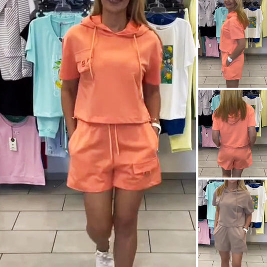 Sommar-set med kortärmad hoodie och underdel för kvinnor
