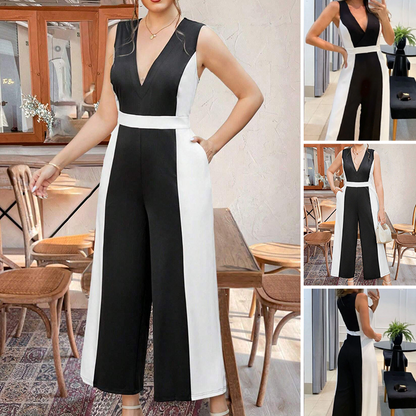 Elegant svartvit ärmlös jumpsuit med V-ringning och vida ben i kontrastfärger