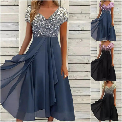 V-ringad klänning med tryck och lapptäcke för kvinnor