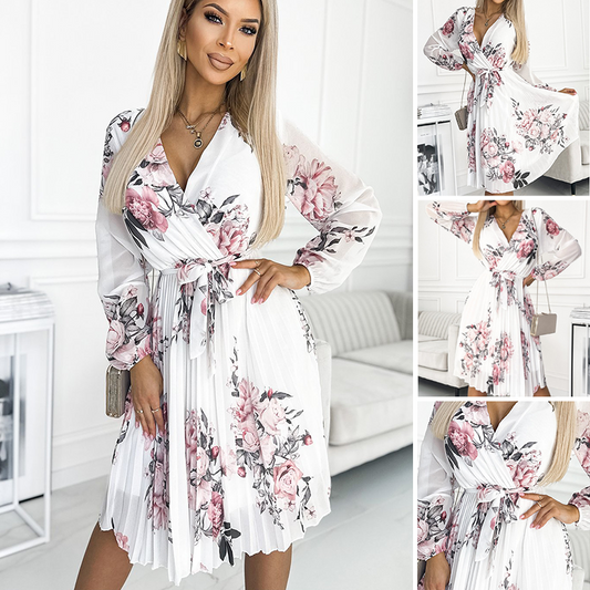 💃Vit blommig klänning med V-hals och bälte för kvinnor