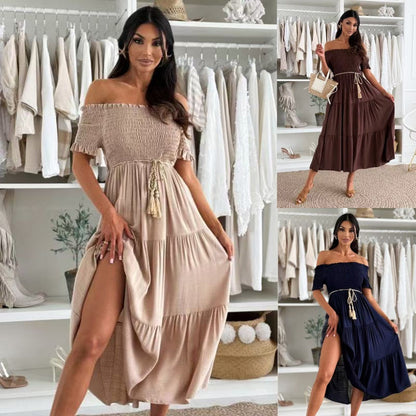 👗Dammode Off-Shoulder Kortärmad Långklänning🌺