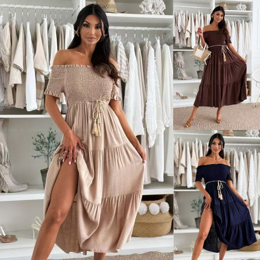 👗Dammode Off-Shoulder Kortärmad Långklänning🌺