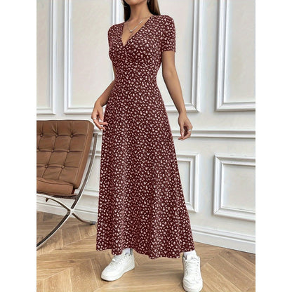 🌺Maxiklänning med blommig v-ringning för kvinnor, avslappnad💃