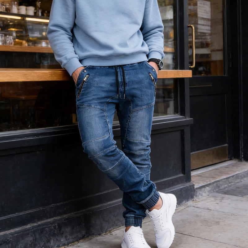 ⏰  💖50 % rabatt!💖Slim-fit joggebukse i denim for menn med lommer med glidelås
