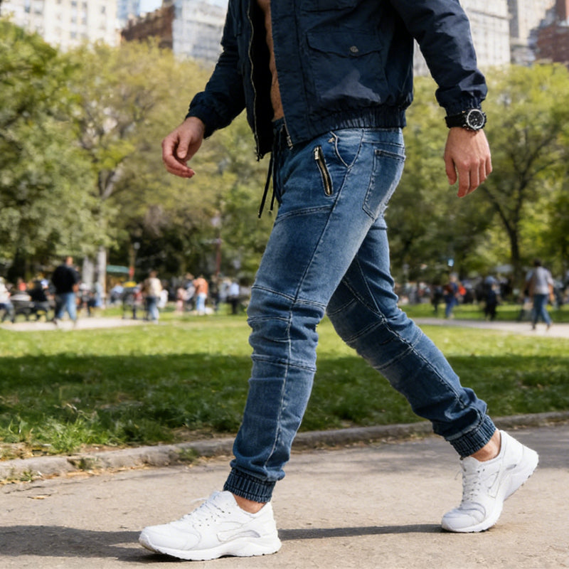⏰  💖50 % rabatt!💖Slim-fit joggebukse i denim for menn med lommer med glidelås