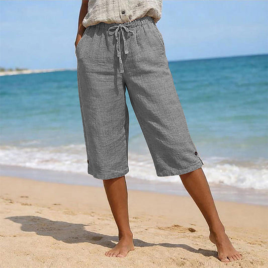 👖🌸 Avslappnade capribyxor med elastisk dragsko och fickor – komfort hela sommaren👖