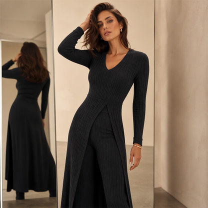 ✨ Enkel hverdagskomfort | 2-delt sett med ribbet, lang topp og slim-fit bukse for kvinner