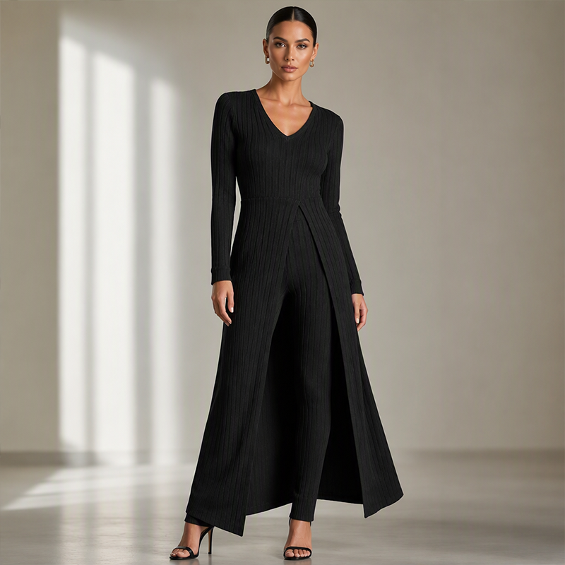 ✨ Enkel hverdagskomfort | 2-delt sett med ribbet, lang topp og slim-fit bukse for kvinner