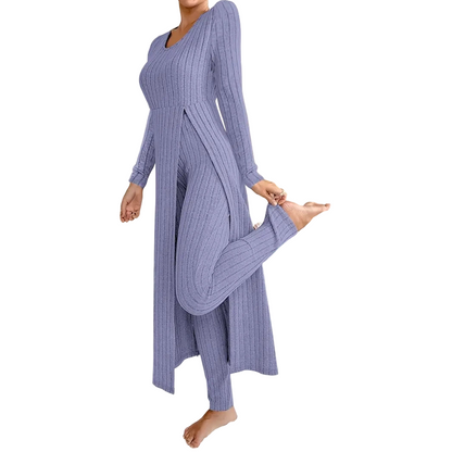 ✨ Enkel hverdagskomfort | 2-delt sett med ribbet, lang topp og slim-fit bukse for kvinner