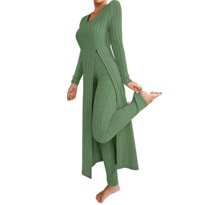 ✨ Enkel hverdagskomfort | 2-delt sett med ribbet, lang topp og slim-fit bukse for kvinner