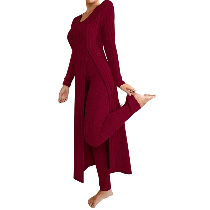 ✨ Enkel hverdagskomfort | 2-delt sett med ribbet, lang topp og slim-fit bukse for kvinner