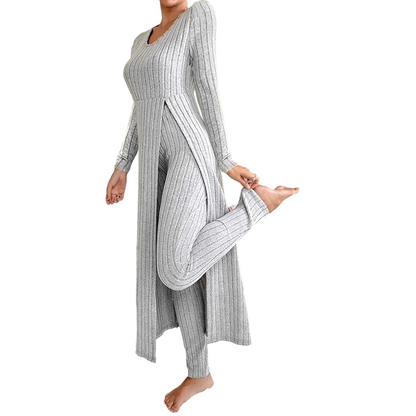 ✨ Enkel hverdagskomfort | 2-delt sett med ribbet, lang topp og slim-fit bukse for kvinner