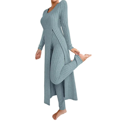 ✨ Enkel hverdagskomfort | 2-delt sett med ribbet, lang topp og slim-fit bukse for kvinner