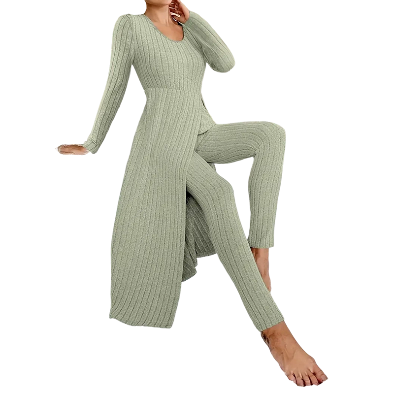 ✨ Enkel hverdagskomfort | 2-delt sett med ribbet, lang topp og slim-fit bukse for kvinner