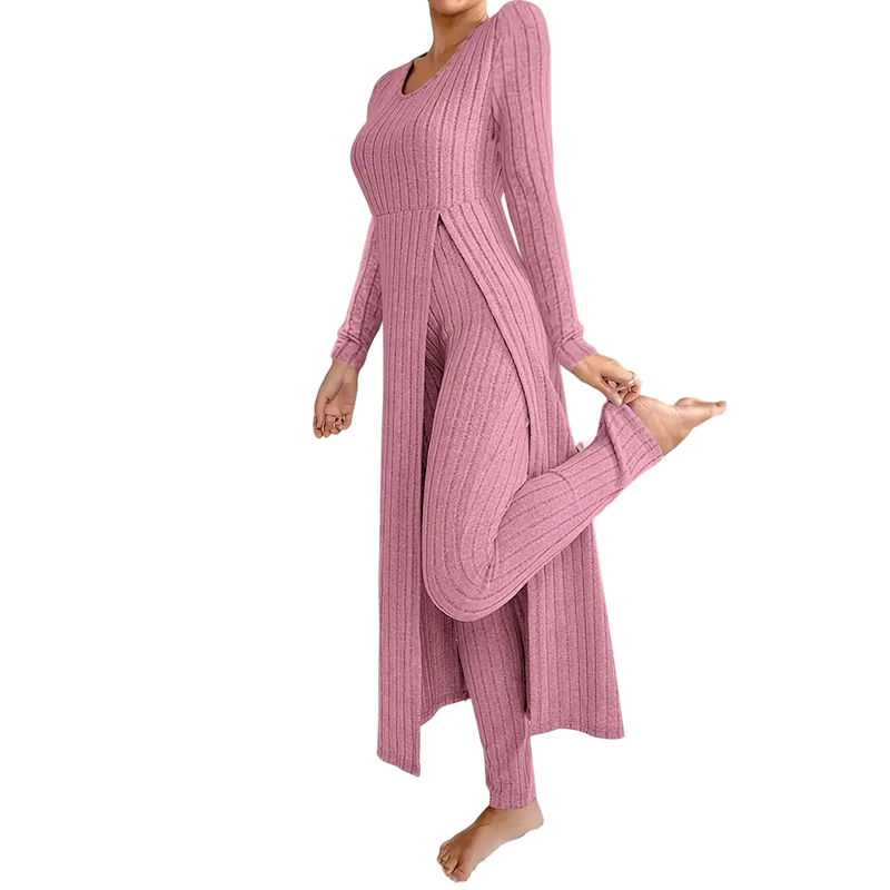 ✨ Enkel hverdagskomfort | 2-delt sett med ribbet, lang topp og slim-fit bukse for kvinner