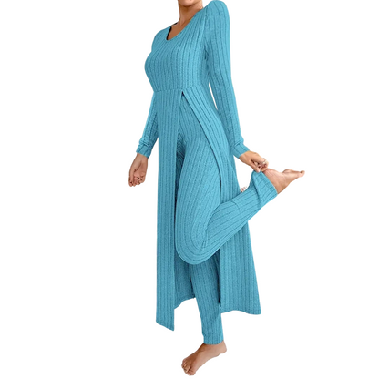 ✨ Enkel hverdagskomfort | 2-delt sett med ribbet, lang topp og slim-fit bukse for kvinner