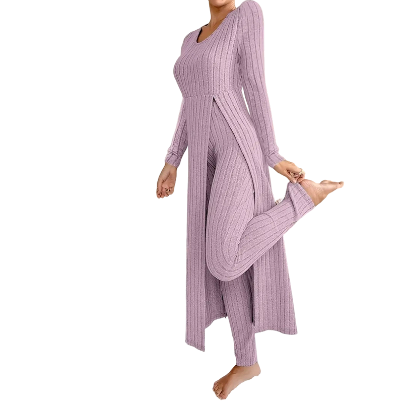✨ Enkel hverdagskomfort | 2-delt sett med ribbet, lang topp og slim-fit bukse for kvinner