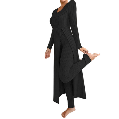 ✨ Enkel hverdagskomfort | 2-delt sett med ribbet, lang topp og slim-fit bukse for kvinner