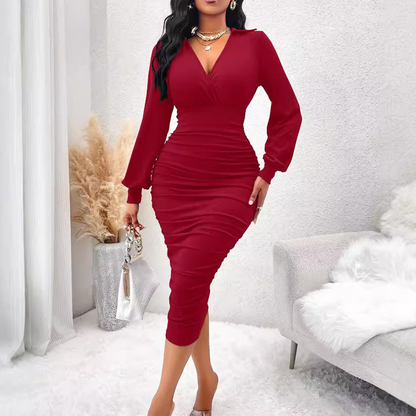 Kvinner V-hals lanterneerme rynket bodycon-kjole