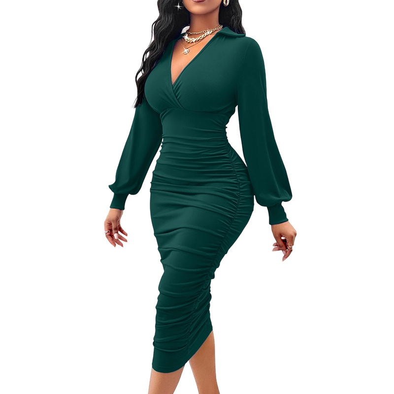 Kvinner V-hals lanterneerme rynket bodycon-kjole