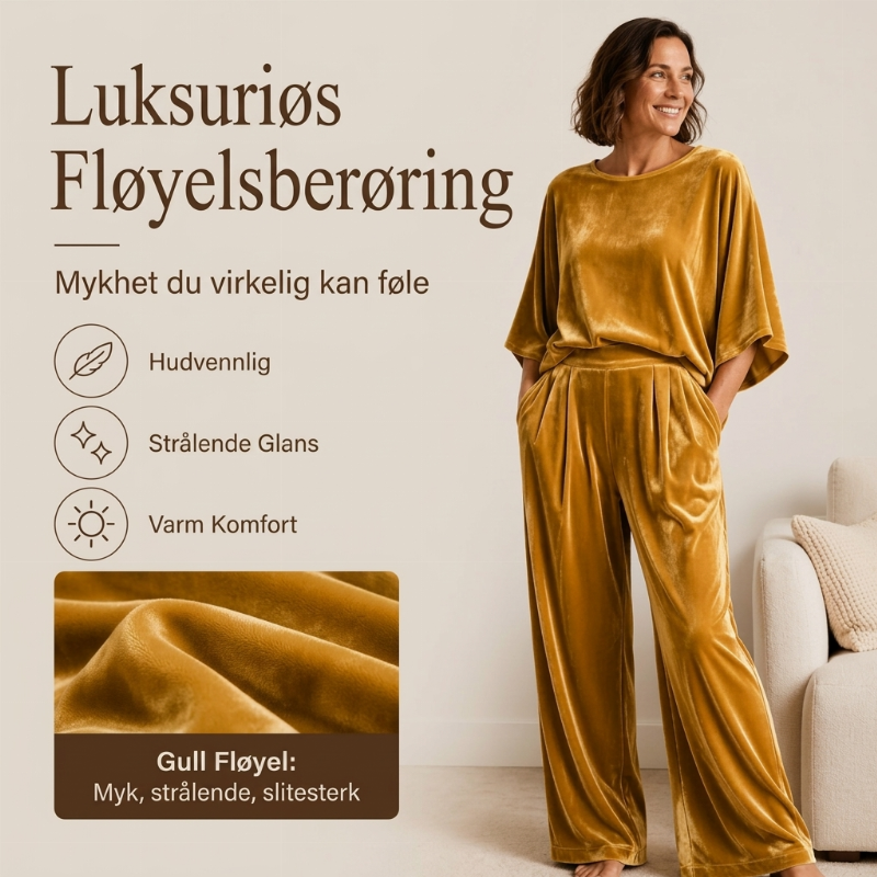 Damefløyel-topp med halvermer og vide bukser-sett