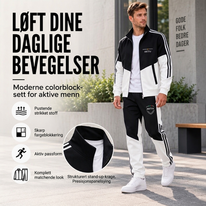 Herrejakke med glidelås i fargeblokk + bukse med snøring-sett