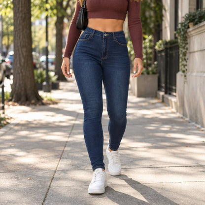 👖 Skinny-jeans med høy midje for kvinner ✨ i elastisk denim, høy midje, slim fit-jeans i uformell stil