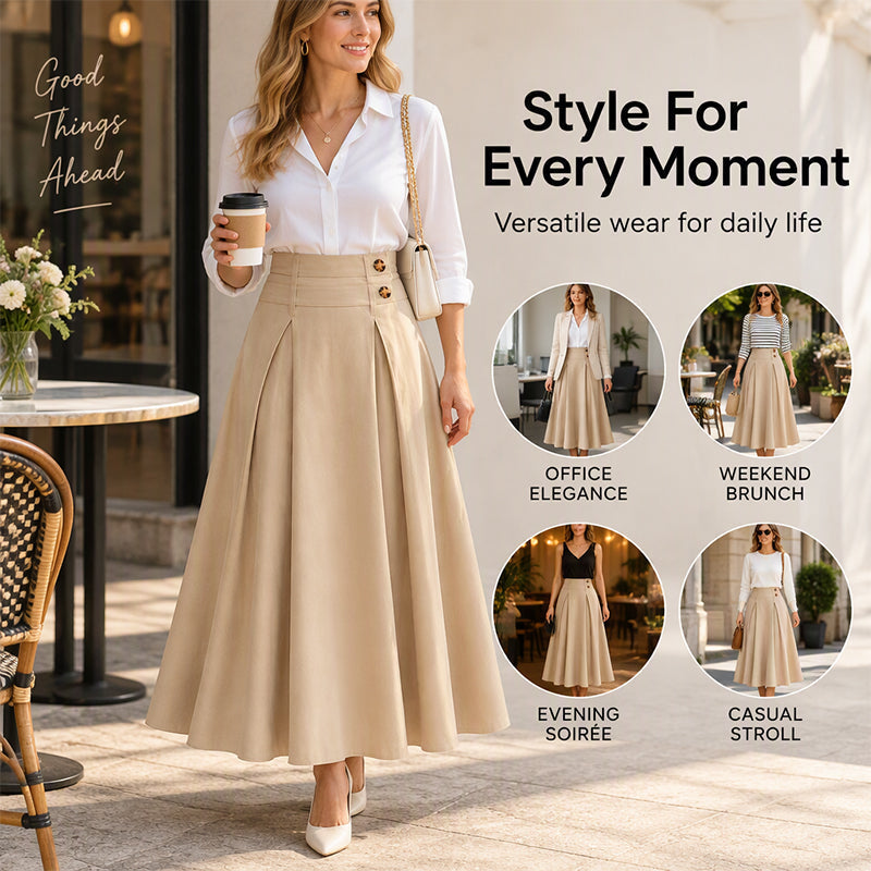 💥 Tidsbegrenset tilbud 👗 A-formet maxi-skjørt med høy midje og plissering for damer ✨ høy midje, plissert design, luftig, langt skjørt i A-form