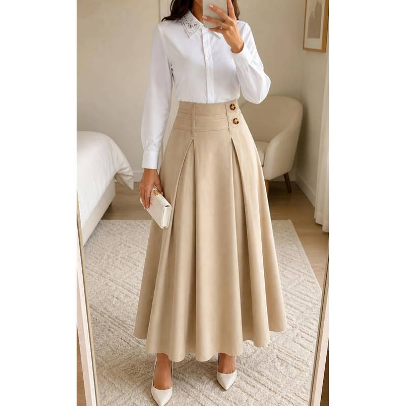 💥 Tidsbegrenset tilbud 👗 A-formet maxi-skjørt med høy midje og plissering for damer ✨ høy midje, plissert design, luftig, langt skjørt i A-form