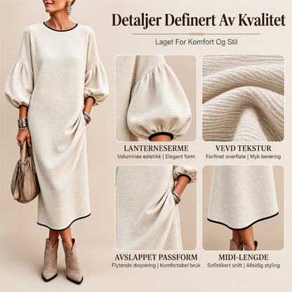 Midi-kjole for kvinner i strukturert strikk med puffermmer