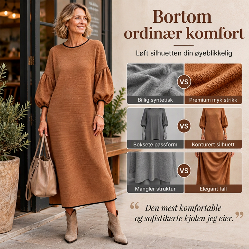 Midi-kjole for kvinner i strukturert strikk med puffermmer